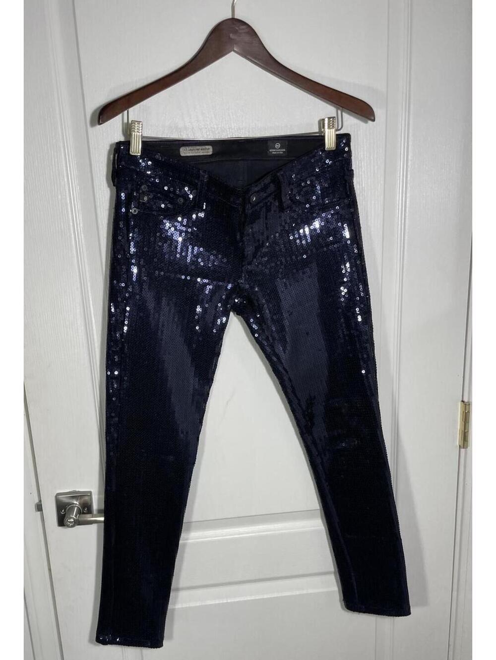 NWOT 28 R Adriano Goldschmied Navy Blue Sequin super skinny legging sparkly